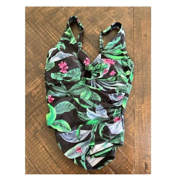 Kona Sol Tie Front Tummy Control Green and Black Womens One Piece Size 17 - Picture 3 of 4